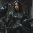 Flüche und Erlösungen (KI) Eine mysteriöse Frau in schwarzer Rüstung sitzt auf einem Thron, ein Rabe auf ihrer Hand.