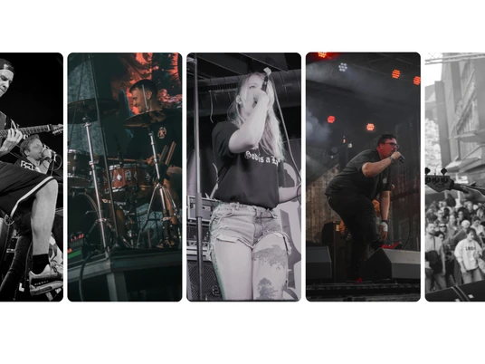 PARHELIONSUN-Pressefoto1-C-FloBruneman.png Eine lebhafte Collage von fünf Musikern, die bei einem Konzert leidenschaftlich auftreten.