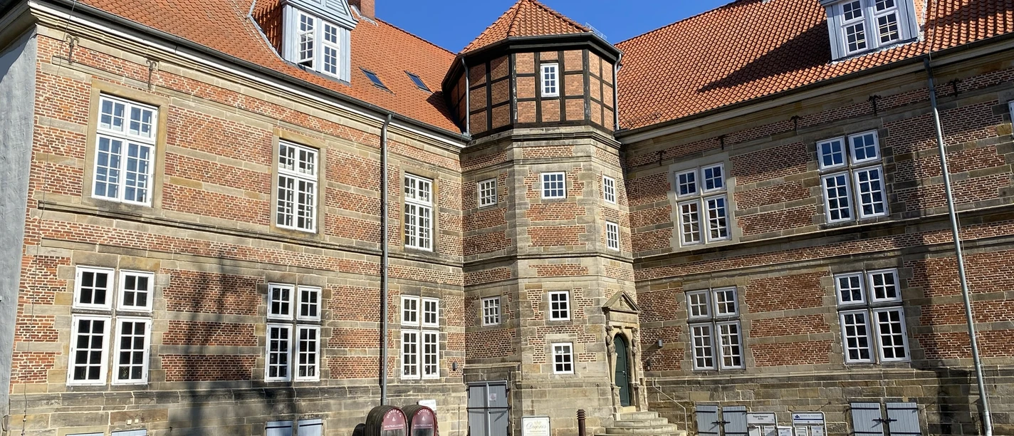 Schloss Landestrost Ein historisches Schloss mit Backsteinfassade und markantem Turm vor strahlend blauem Himmel.