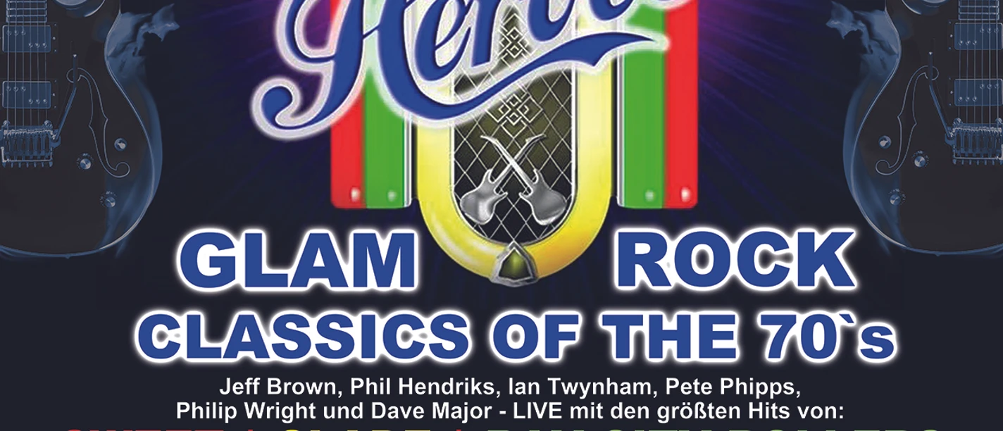 Plakat für die Show "Jukebox Heroes" mit Rockhits der 70er inklusive Künstlerbeteiligungsliste.