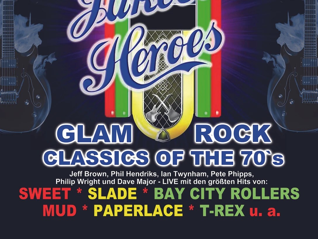2020 Juke Box Heroes A6.jpg Plakat für die Show "Jukebox Heroes" mit Rockhits der 70er inklusive Künstlerbeteiligungsliste.