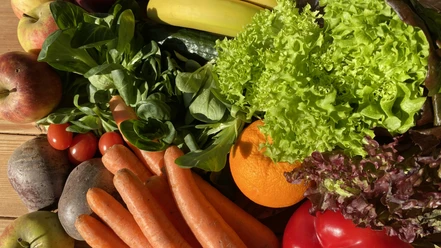 Obst und Gemüse07_CCBYSA_Teutoburger-Wald_Stadt_Schloß_Holte-Stukenbrock.JPG Frisches Obst und Gemüse wie Äpfel, Bananen, Salat, Möhren und Tomaten, appetitlich arrangiert.