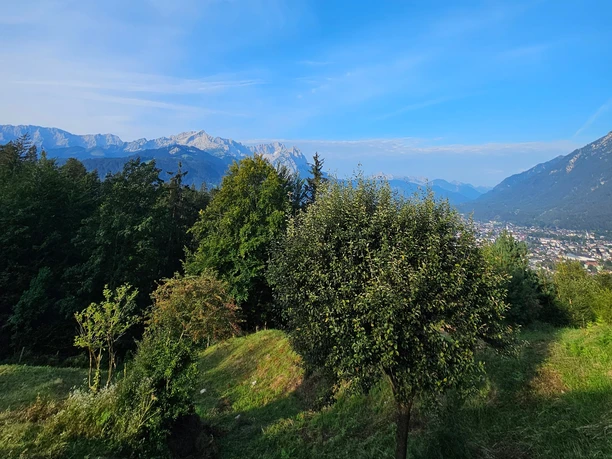 Blick nach Garmisch-Partenkirchen Blick über bewaldete Hänge auf Garmisch-Partenkirchen mit Alpenkette im klaren Morgenlicht.