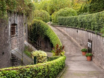 Rose Garden at Fort X Auf dem Bild ist ein malerischer, von Hecken gesäumter Weg zu sehen, der durch den historischen Rosengarten am Fort X in Köln führt. Alte Steinfassaden und eine Treppe flankieren den friedlichen Pfad. Die Szene besticht durch üppiges Grün und eine Atmosphäre der Ruhe.The picture shows a picturesque path lined with hedges that leads through the historic rose garden at Fort X in Cologne. Old stone facades and a staircase flank the peaceful path. The scene captivates with lush greenery and an atmosphere of tranquillity.
