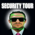 Porträt eines Mannes in schwarzem Anzug mit pinker Krawatte und Sonnenbrille. "Security Tour"-Schriftzug oben.
