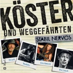 Musikalbumcover der Band "Köster und Weggefährten" mit den Albumtitel "Stabil Nervös" und Bandfotos.