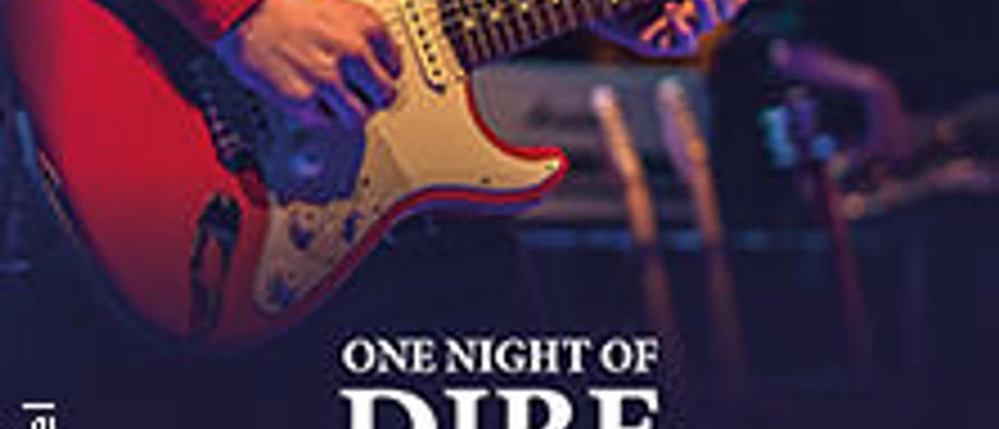 Gitarrist spielt auf einer roten E-Gitarre während einer Tribute-Show der Band Dire Straits.