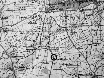 Dreilaendereck_historische_Karte.jpg Historische Landkarte zeigt Straßen und Landschaften der Region zwischen Flüchtorf und Versmold.