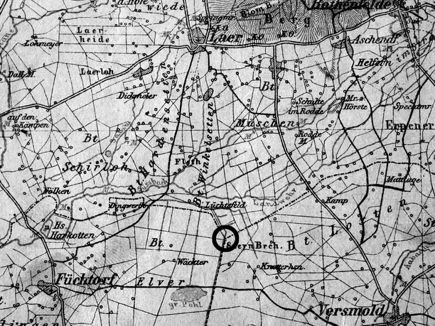 Dreilaendereck_historische_Karte.jpg Historische Landkarte zeigt Straßen und Landschaften der Region zwischen Flüchtorf und Versmold.