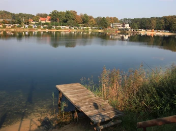 IMG_8251.JPG Holzsteg am Ufer eines ruhigen Sees mit reflektierenden Bäumen und Häusern im Hintergrund.