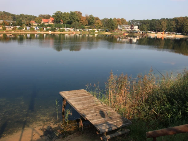 IMG_8251.JPG Holzsteg am Ufer eines ruhigen Sees mit reflektierenden Bäumen und Häusern im Hintergrund.
