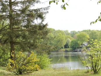 IMG_0246.JPG See mit grünen Ufern, umgeben von Bäumen und Sträuchern vor einem leicht bewölkten Himmel.