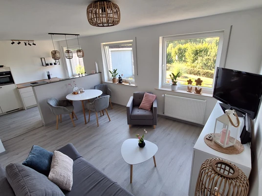 FeWo Diemelaue Bild 1.jpg Modernes Wohnzimmer mit grauer Couch, Esstisch und großer Fensterfront, die viel Licht hereinscheint.