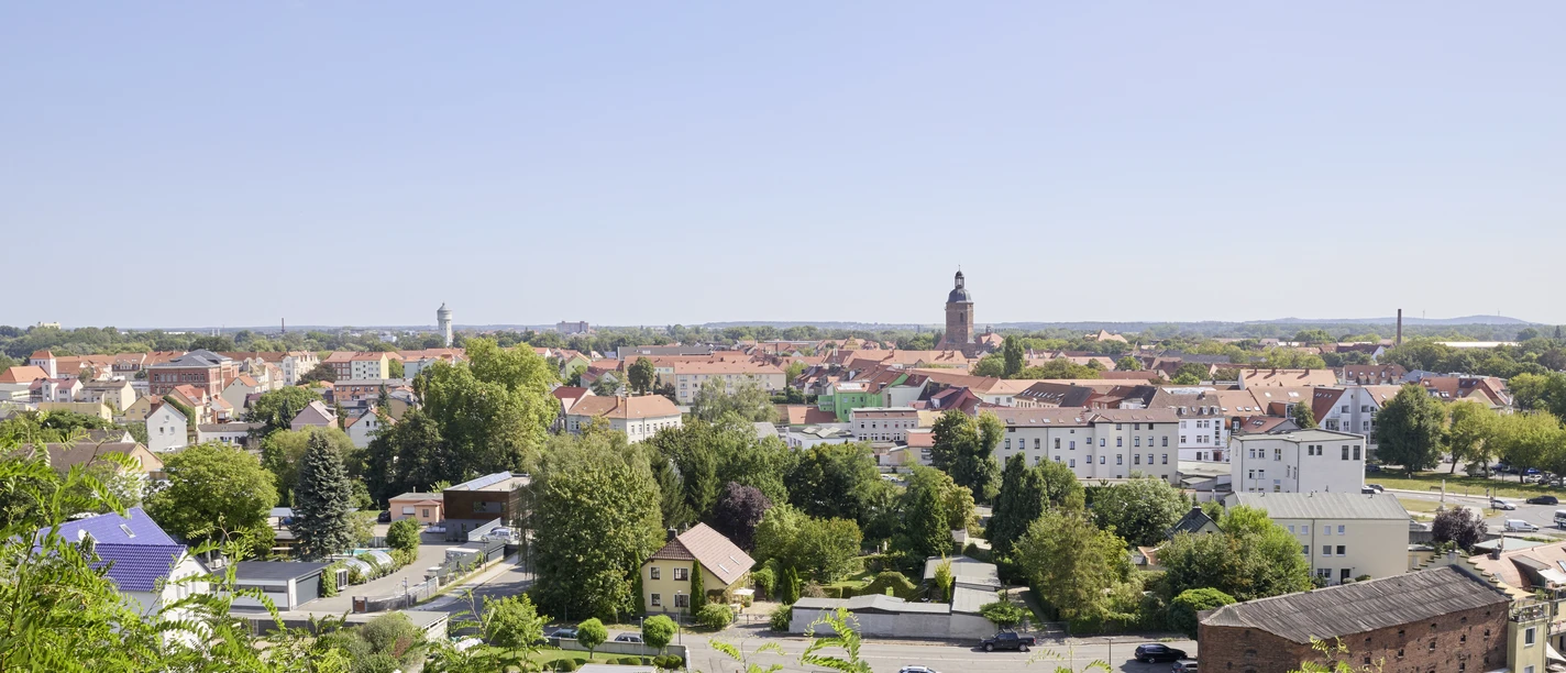 Stadt Eilenburg - Veranstaltungen in der Leipzig Region Blick auf die Muldestadt Eilenburg aus Richtung Burg bei sonnigem Wetter, Veranstaltungen, Kultur