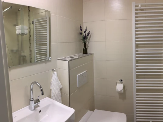 Bild2.jpg Ein helles, modernes Badezimmer mit weiß gefliesten Wänden, Handtuchheizung und elegantem Waschbecken.