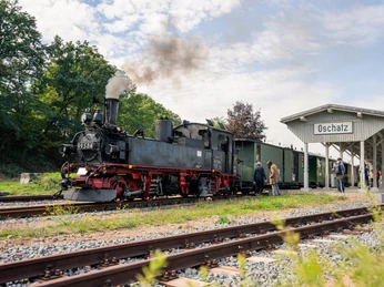 Döllnitzbahn "Wilder Robert" - Region Leipzig Die dampfende Döllnitzbahn "Wilder Robert" steht am Bahnhof Oschatz, wo bereits Fahrgäste warten, Ausflug, Dampflok, Leipzig Region