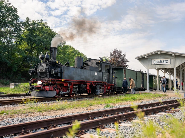 Parowóz Döllnitzbahn "Wilder Robert" na stacji Oschatz, gdzie czekają już pasażerowie, Wycieczka, Lokomotywa parowa, Region Lipsk
