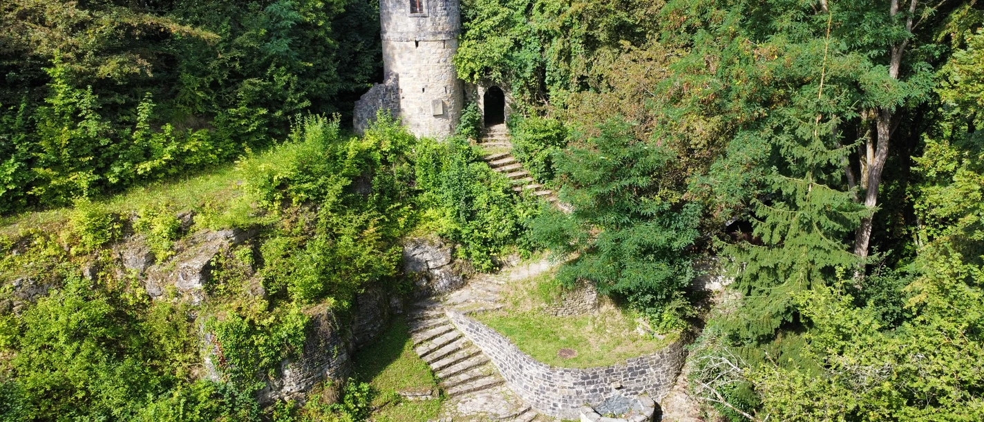 freilichtbuehne_stahle_struck.jpg Luftaufnahme der Freilichtbühne mit Steinturm und altem Baumbestand