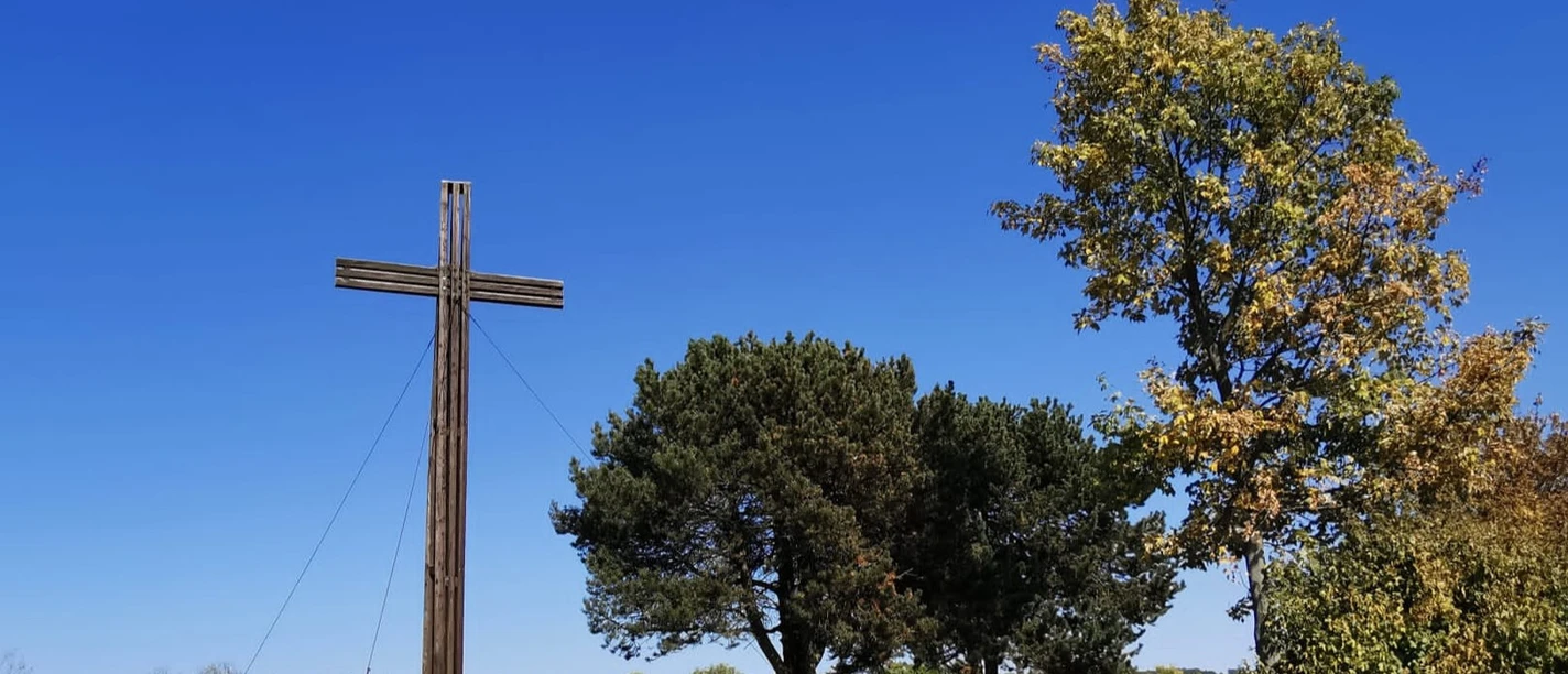 mahnkreuz_stahle_dueker.jpg Großes Holzkreuz auf Bergrücken mit Baumbestand an rechter Seite