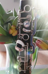Klarinette Eine Klarinette mit silbernen Klappen steht vor einem Strauß Frühlingsblumen in einer Vase.