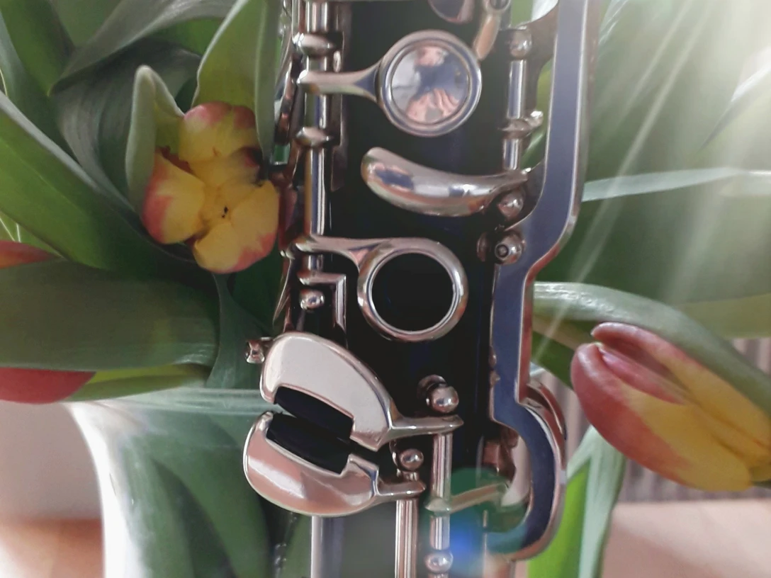 Klarinette Eine Klarinette mit silbernen Klappen steht vor einem Strauß Frühlingsblumen in einer Vase.