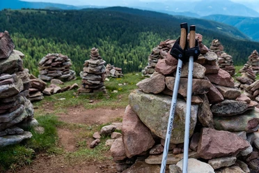 Nordic Walking Nordic-Walking-Stöcke lehnen an einem Steinhaufen vor einem Hintergrund aus bewaldeten Berghängen.