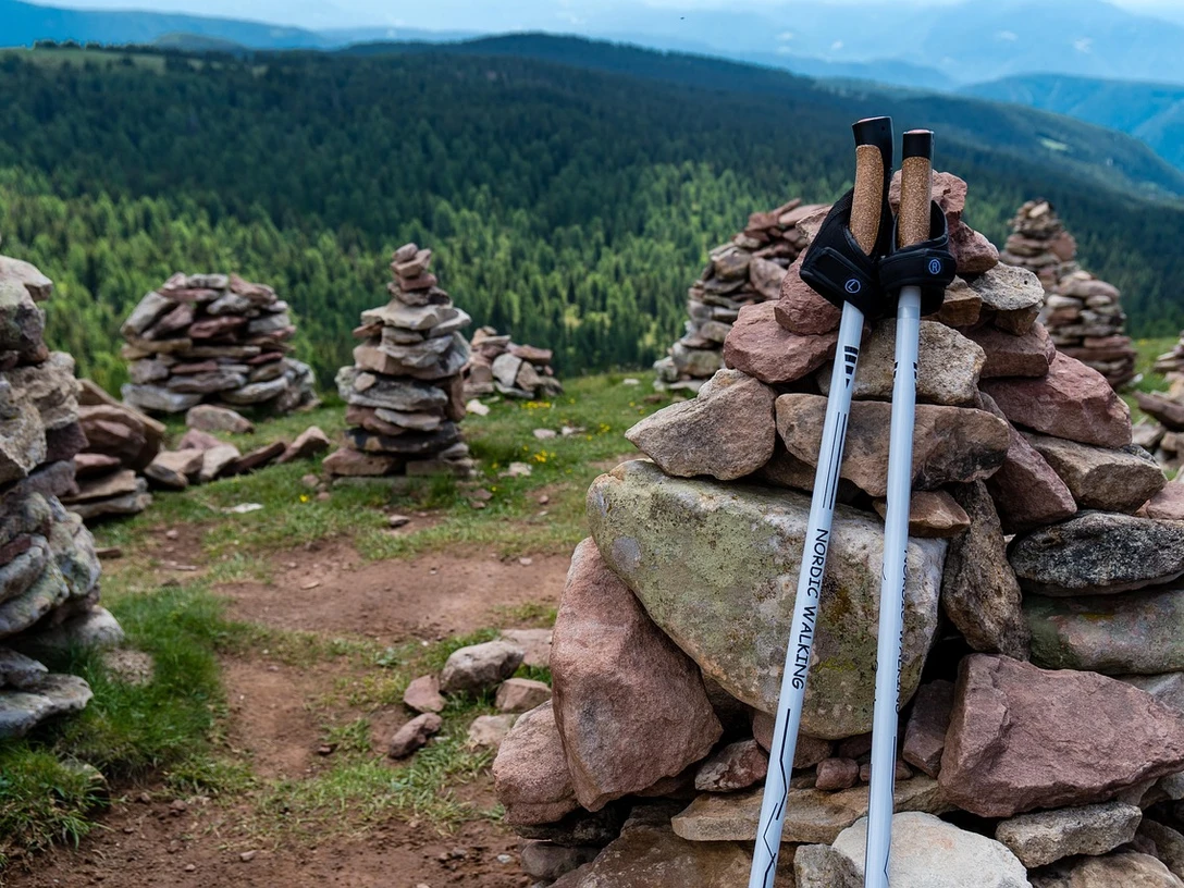 Nordic Walking Nordic-Walking-Stöcke lehnen an einem Steinhaufen vor einem Hintergrund aus bewaldeten Berghängen.
