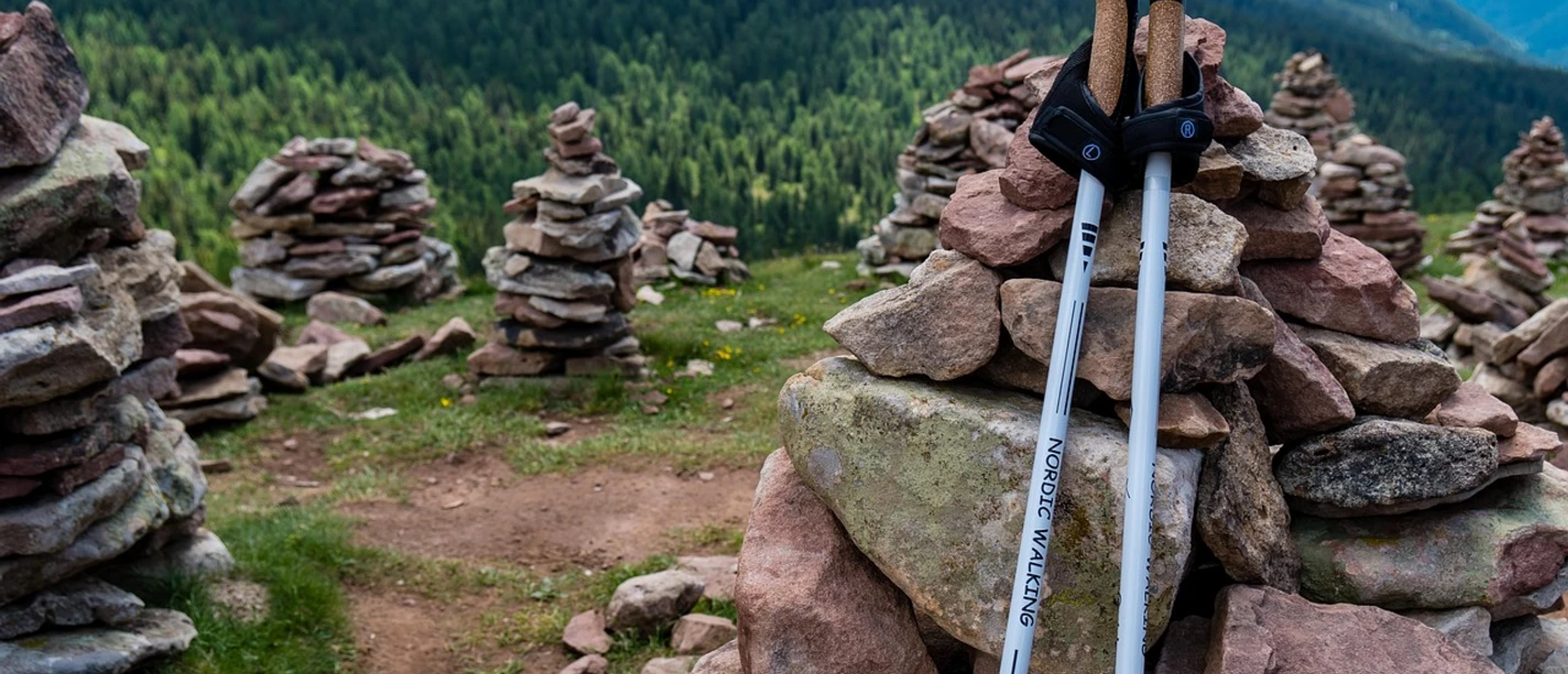 Nordic Walking Nordic-Walking-Stöcke lehnen an einem Steinhaufen vor einem Hintergrund aus bewaldeten Berghängen.