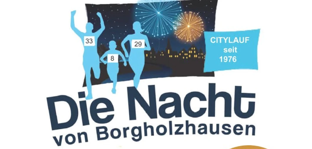Logo des Citylaufs "Die Nacht von Borgholzhausen" mit drei Läufern und Feuerwerk.