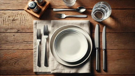 Gastronomie im neanderland Ein stilvoll gedeckter Tisch mit weißem Porzellan, Besteck, Gläsern und einer Serviette auf Holz.