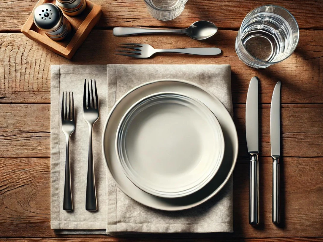 Gastronomie im neanderland Ein stilvoll gedeckter Tisch mit weißem Porzellan, Besteck, Gläsern und einer Serviette auf Holz.