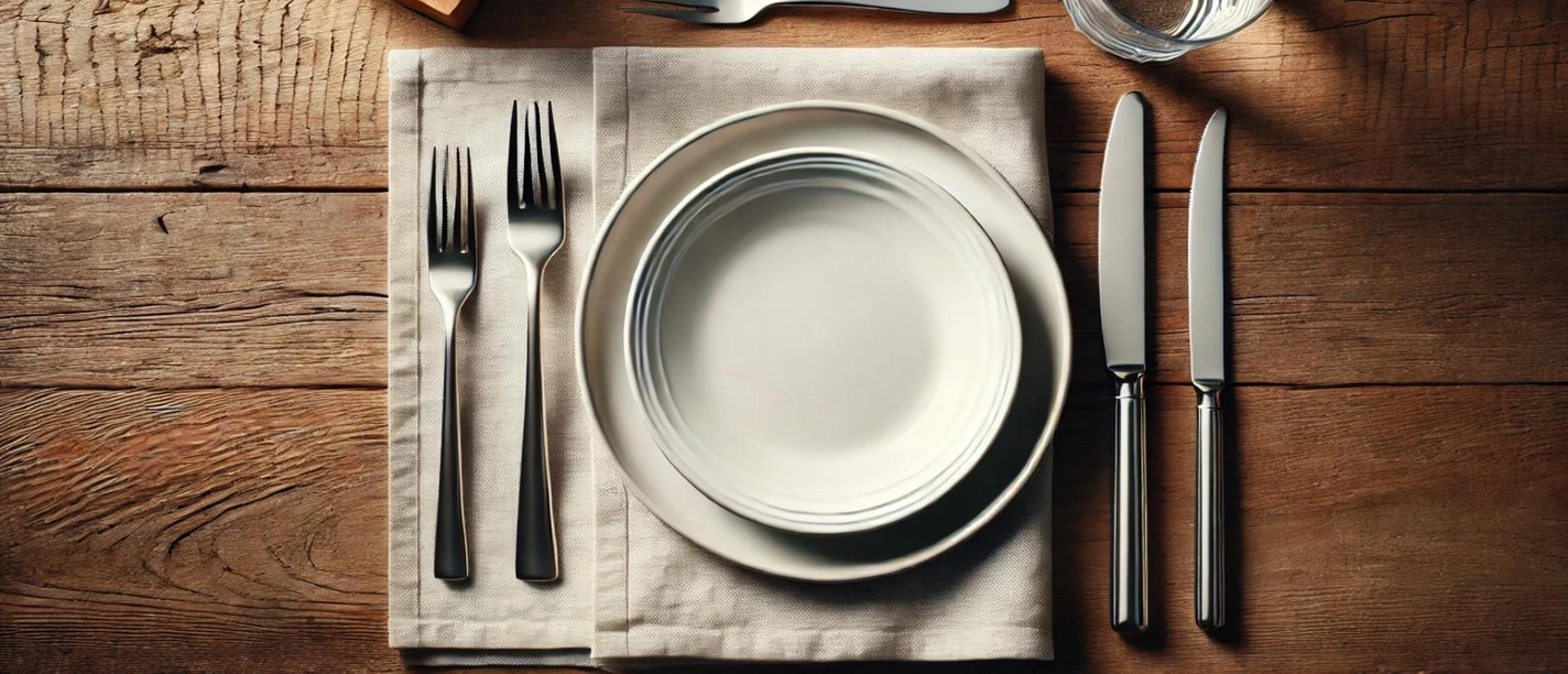 Gastronomie im neanderland Ein stilvoll gedeckter Tisch mit weißem Porzellan, Besteck, Gläsern und einer Serviette auf Holz.