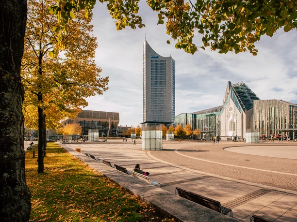 View of the Gewandhaus, the City-Hochhaus and Leipzig University, which are located on Augustusplatz