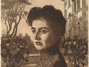 Abbildung des Gemäldes E. M. Lilien Abbildung des Gemäldes E. M. Lilien, Helene Lilien in ihrem Garten, 1909, Radierung © Privatbesitz