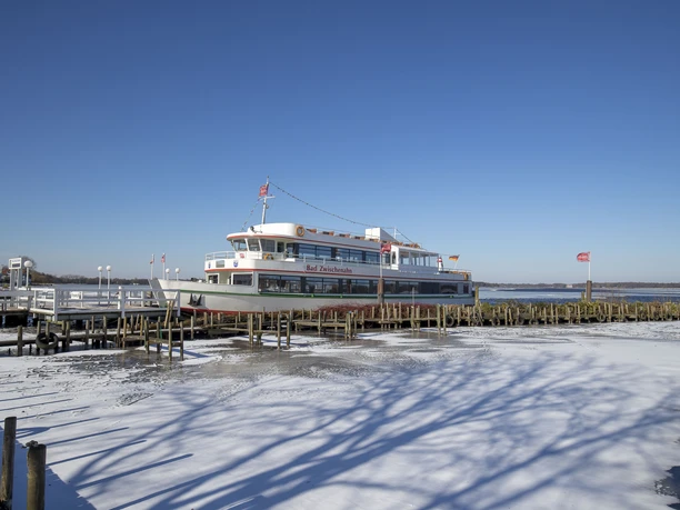 weisse-flotte-winter Ausflugsschiff „Bad Zwischenahn“ liegt am winterlichen, teils zugefrorenen Zwischenahner Meer.