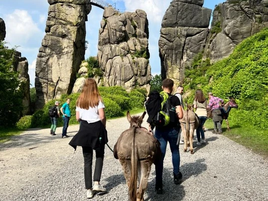 Menschen wandern mit Eseln auf einem Kiesweg, umgeben von beeindruckenden Felsformationen.