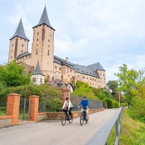 Two cyclists cycle along the Zwickauer Mulde on the asphalted cycle path past Rochlitz Castle, Active, Mulde Cycle Path, Luther Trail Saxony