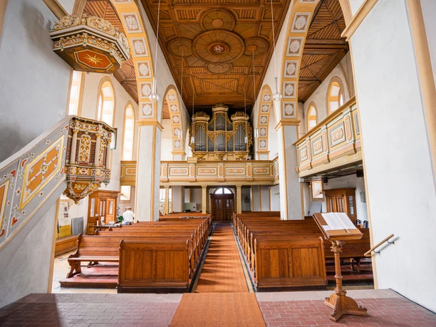 View of the nave of St. Georgenkirche Rötha with the Silbermann organ from 1721 from the altar, Leipzig Region