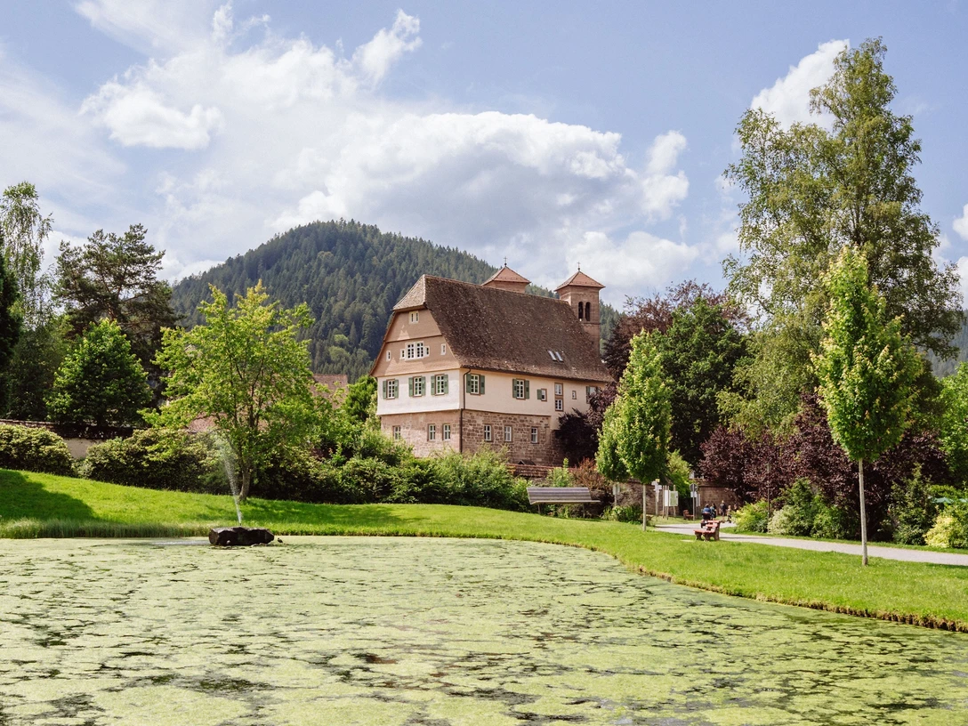 Kurpark Klosterreichenbach mit Blick auf den Teich und die Münsterkirche