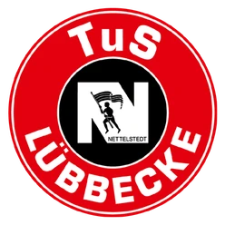 TuS N-Lübbecke_Logo Logo des TuS N-Lübbecke, rot-weiß mit zentralem N und Handballspieler. Kreisförmig gestaltet.