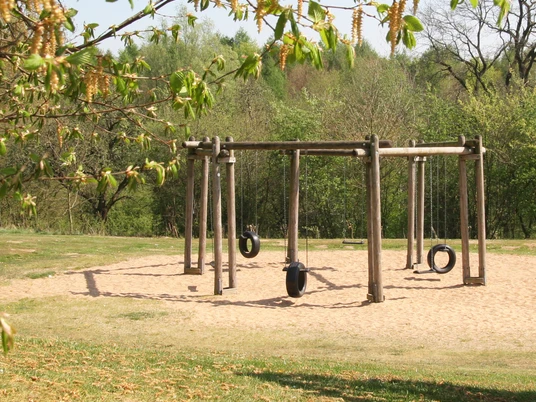 Ein Holzspielgerüst mit Reifen-Schaukeln auf einer sandigen Fläche, umgeben von grünem Wald.
