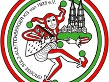 Ein Narr in Rot und Weiß tanzt, umgeben von einer Kirche und Fachwerkhäusern, im Logo eines Karnevalsvereins.