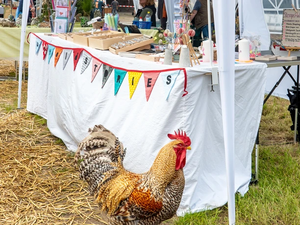 Bürgeler Hofmarkt Ein lebendiger Markt mit handgefertigten Waren, farbenfrohen Ständen und einem freilaufenden Hahn.
