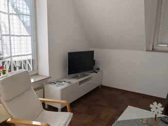Wohnzimmer.jpg Wohnzimmer mit Sessel, TV auf weißem Schrank, hellem Teppich und braunen Fliesen unter Dachfenster.