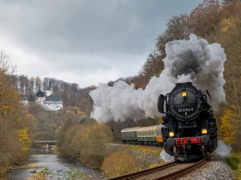 Eisenbahnmuseum Leipzig - Dampfbahnfahrten in der Region Leipzig Die Dampflokomotive 52 8154-8 fährt durch eine herbstliche Landschaft und vielseitige Natur