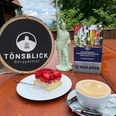 Berggasthof Tönsblick Vorne ein Stück Erdbeerkuchen und Kaffee auf einem Tisch, hinten ein Schild "Tönsblick".