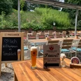 Herzlichen Willkommen im Berggasthof Tönsblick Biergarten mit rustikalen Holztischen, Paulaner Bier, Speisekarte und umgeben von grüner Natur.