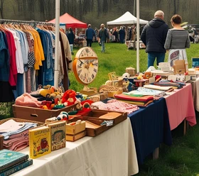 Flohmarkt Flohmarkt im Freien mit Ständen voller Kleidung, Spielzeug, Büchern und Antiquitäten im Grünen.