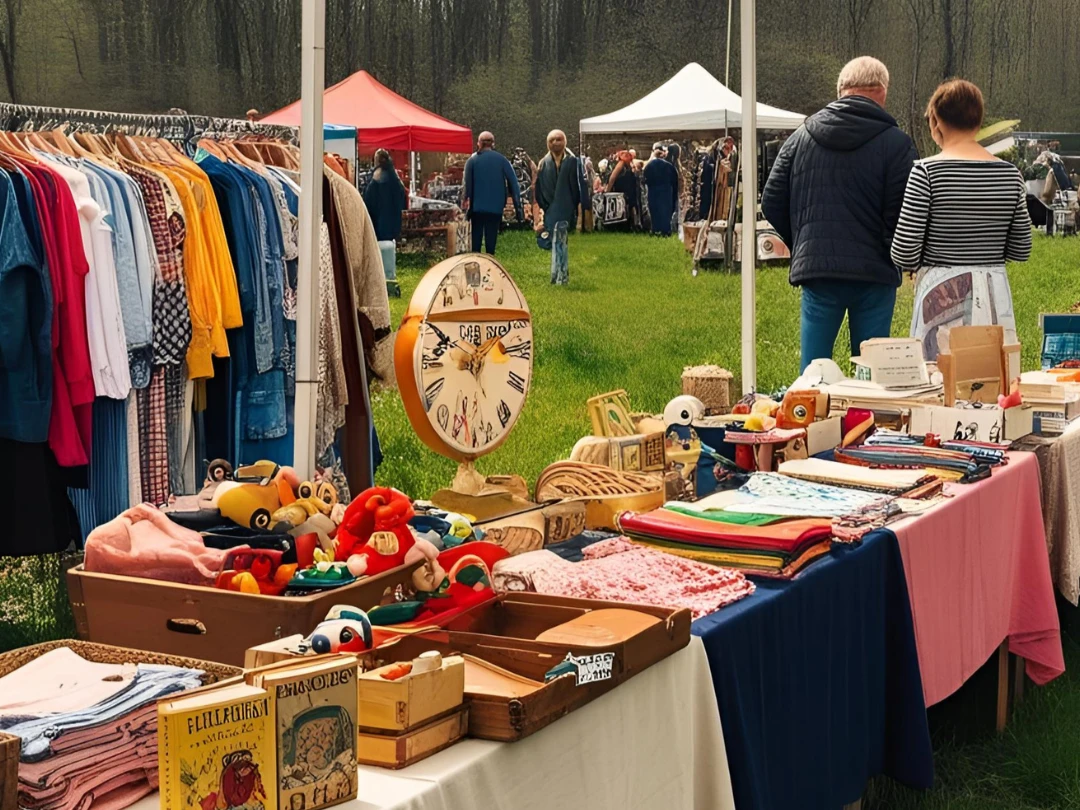 Flohmarkt Flohmarkt im Freien mit Ständen voller Kleidung, Spielzeug, Büchern und Antiquitäten im Grünen.