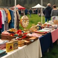 Flohmarkt Flohmarkt im Freien mit Ständen voller Kleidung, Spielzeug, Büchern und Antiquitäten im Grünen.
